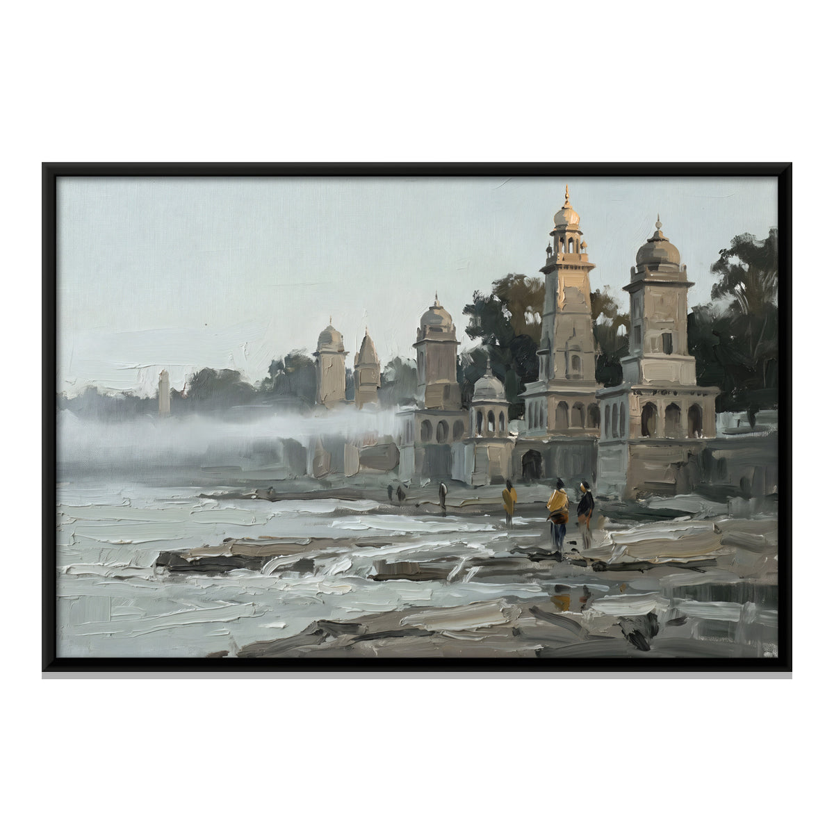 Riverside Temples in the Mist - framed canvas print, front view