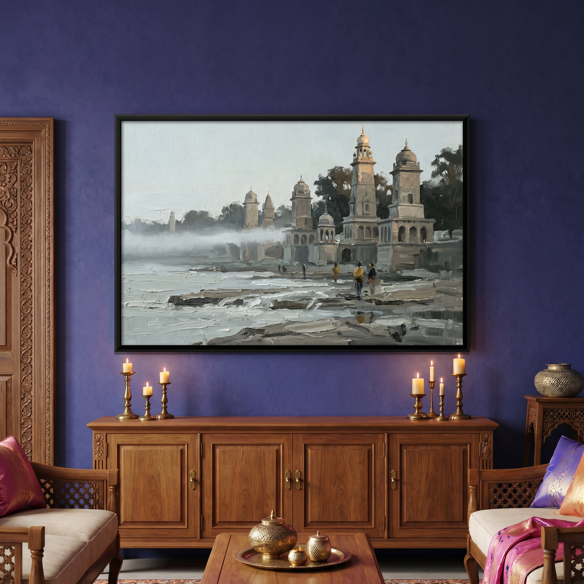 Riverside Temples in the Mist - canvas art shown in a styled room