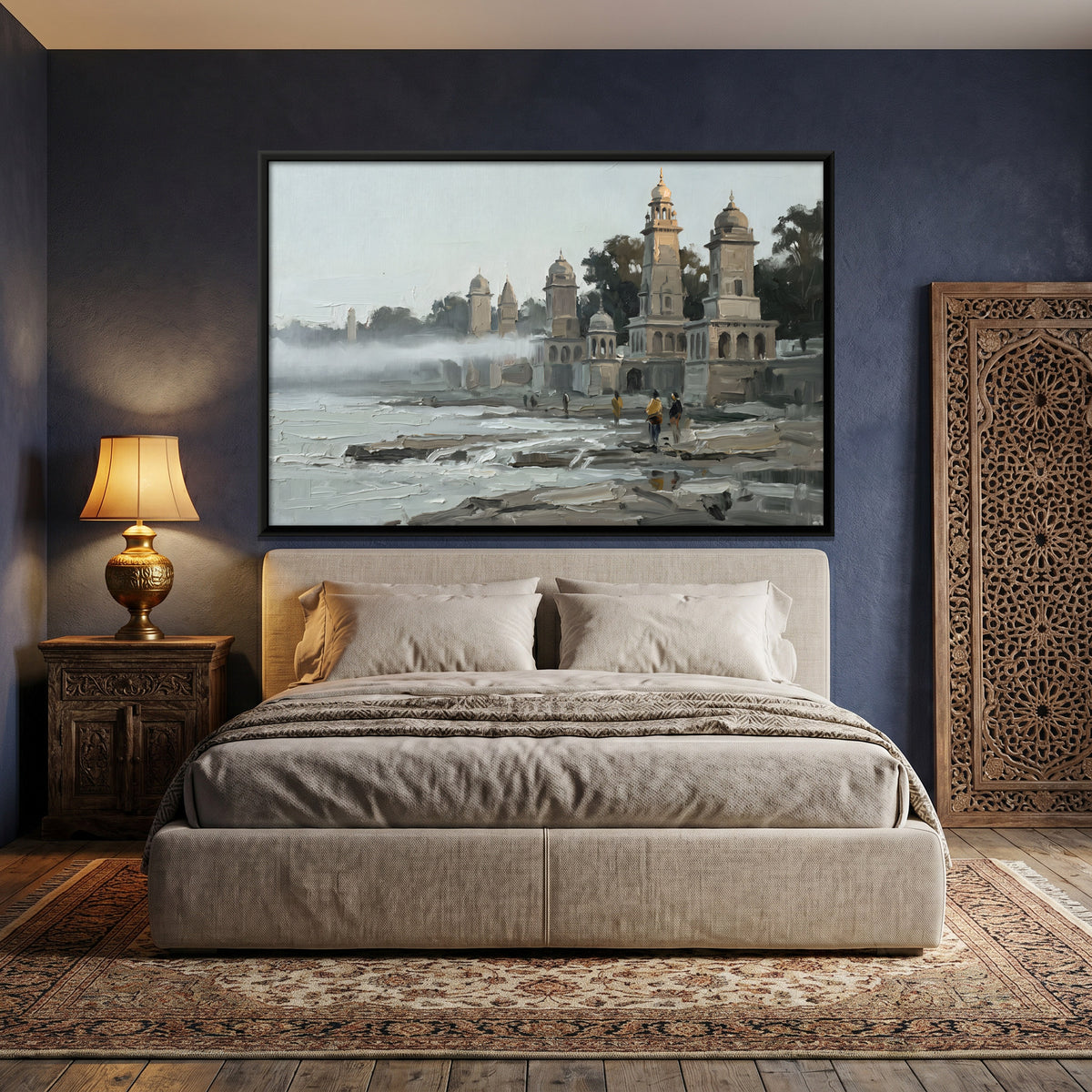 Riverside Temples in the Mist - canvas art shown in a second room setting