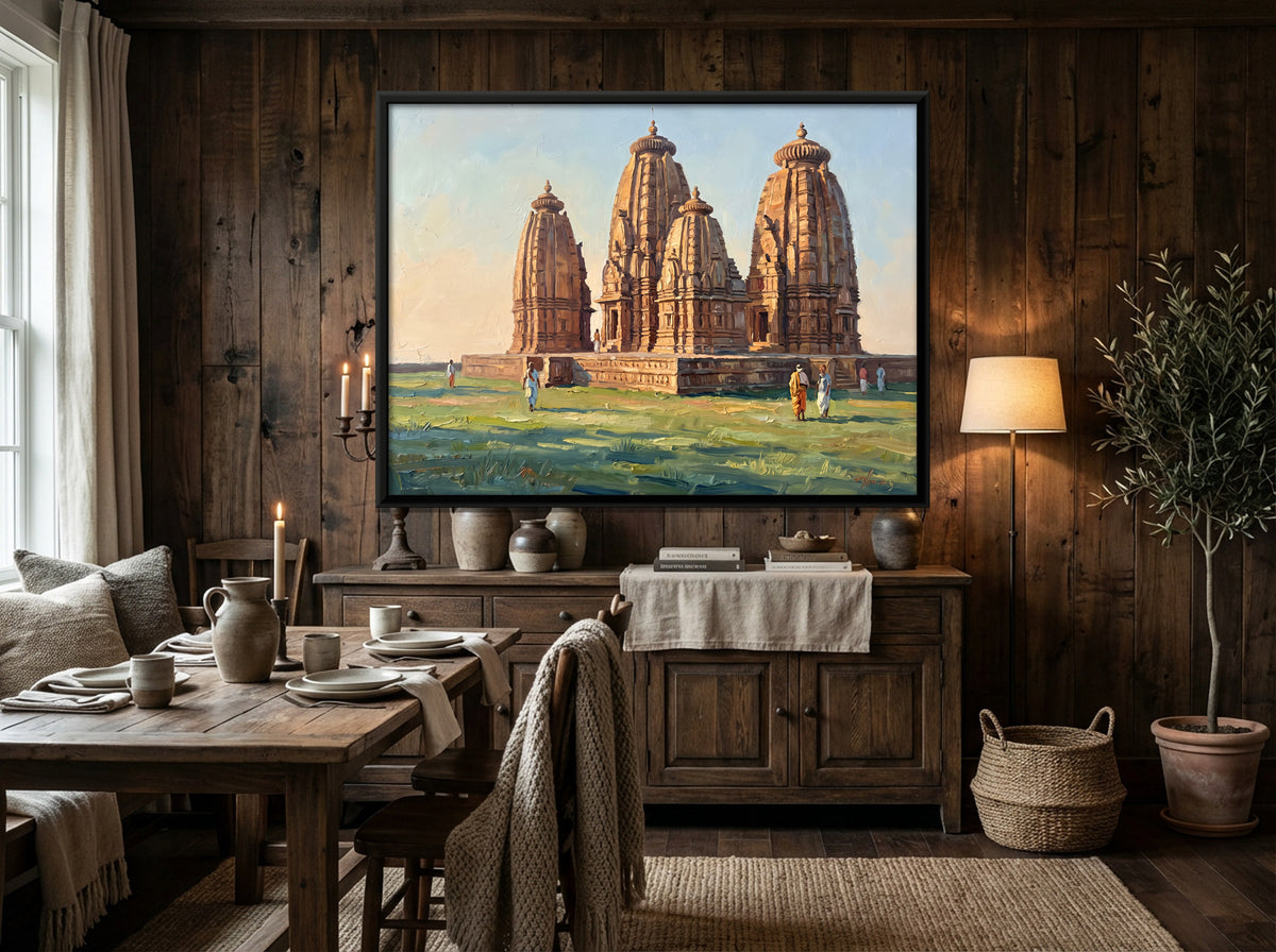 Sandstone Temples with Tiered Spires - canvas art shown in a second room setting