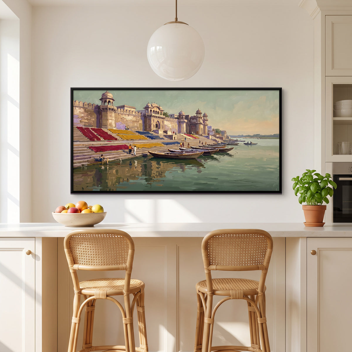 Riverfront Ghats at Maheshwar - canvas art shown in a styled room