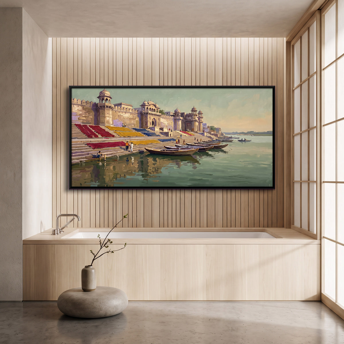 Riverfront Ghats at Maheshwar - canvas art shown in a second room setting