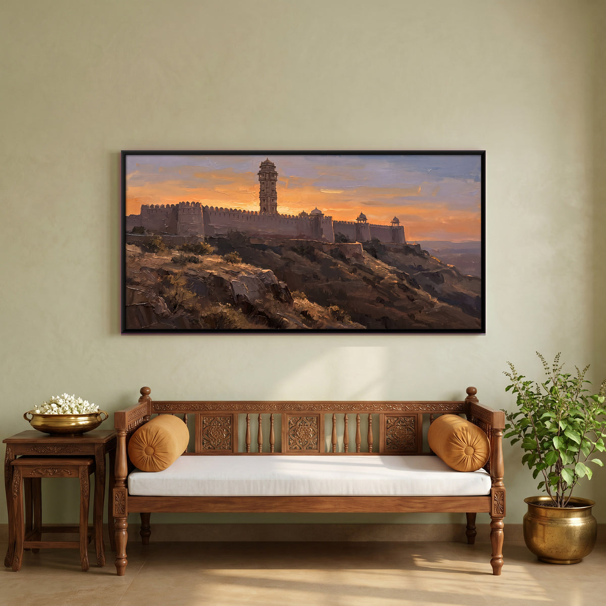Hilltop Fort Ramparts at Sunset - canvas art shown in a styled room