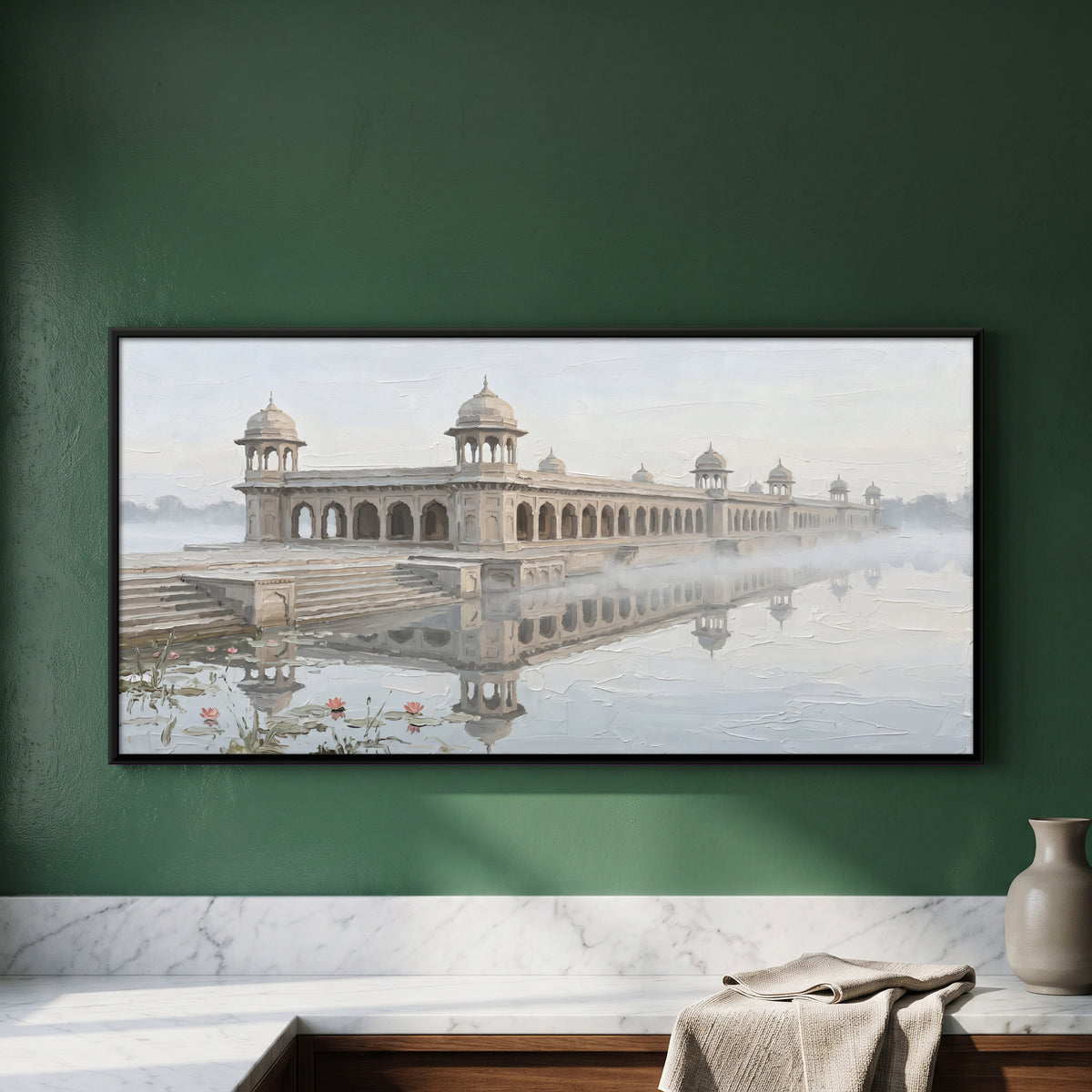 Lakeside Palace in the Mist - framed canvas art hung on a wall