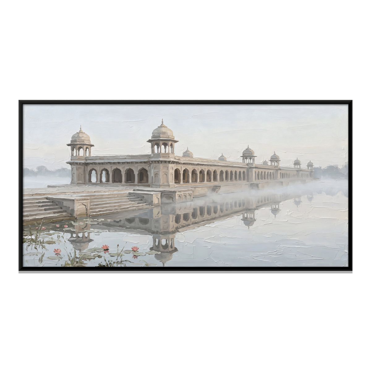 Lakeside Palace in the Mist - framed canvas print, front view