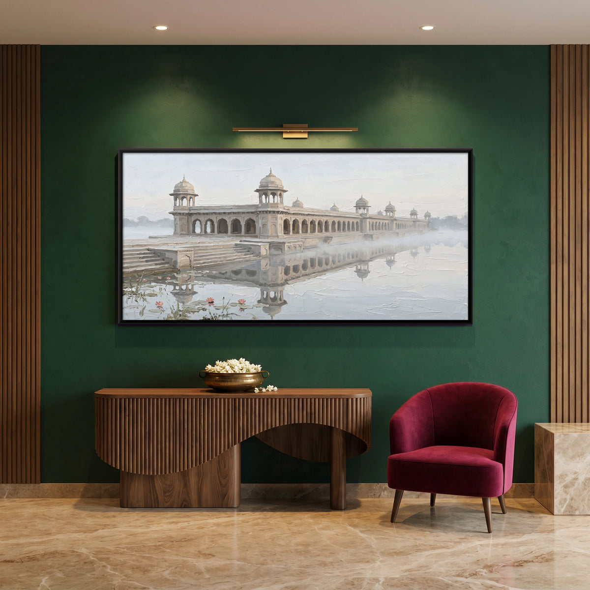Lakeside Palace in the Mist - canvas art shown in a styled room