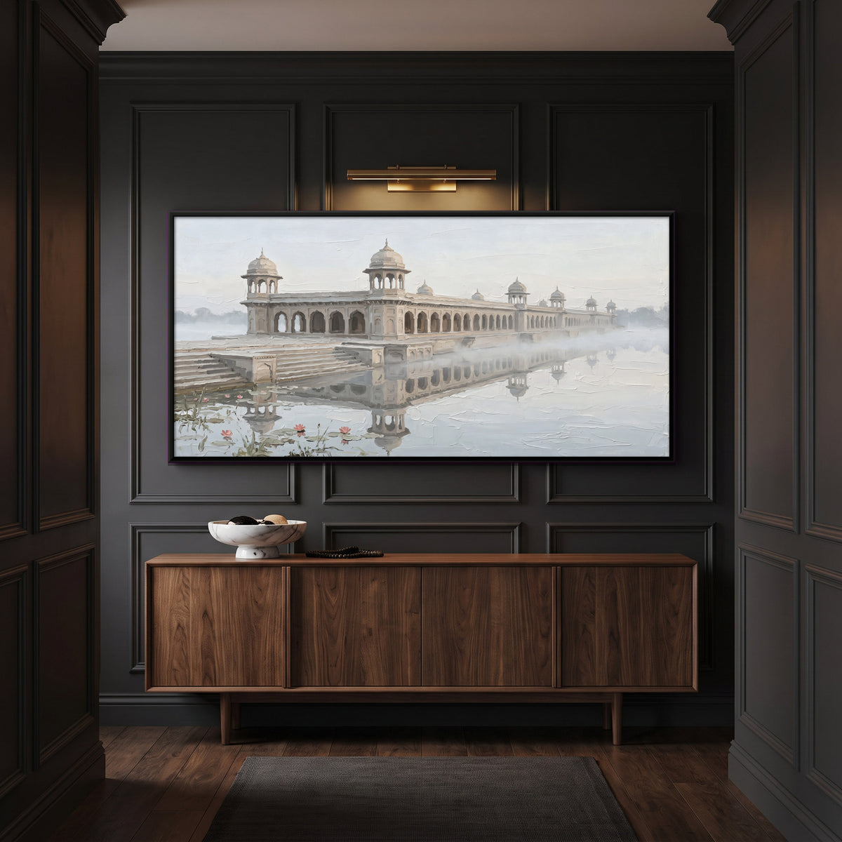 Lakeside Palace in the Mist - canvas art shown in a second room setting