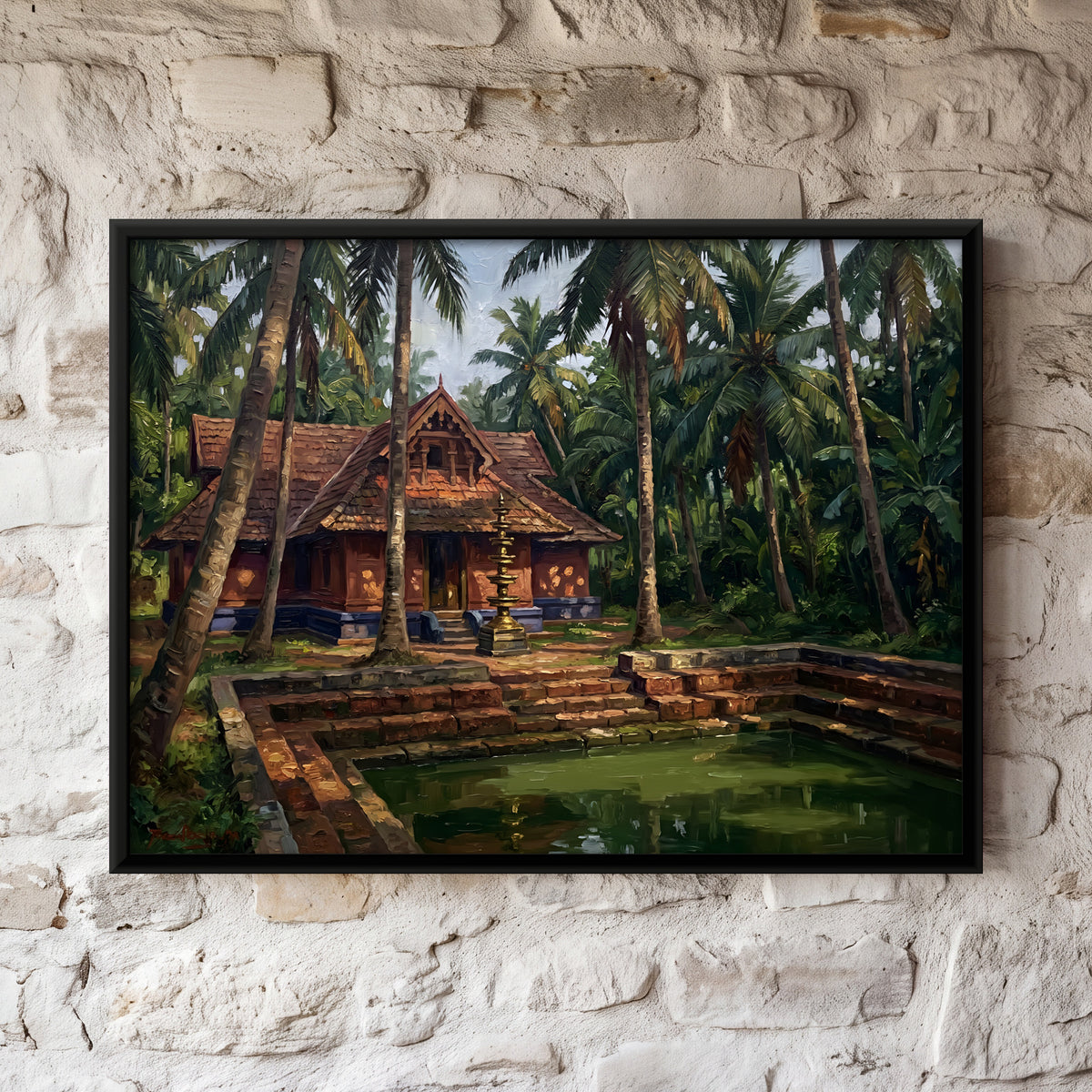 Kerala House and Temple Pond - framed canvas art hung on a wall