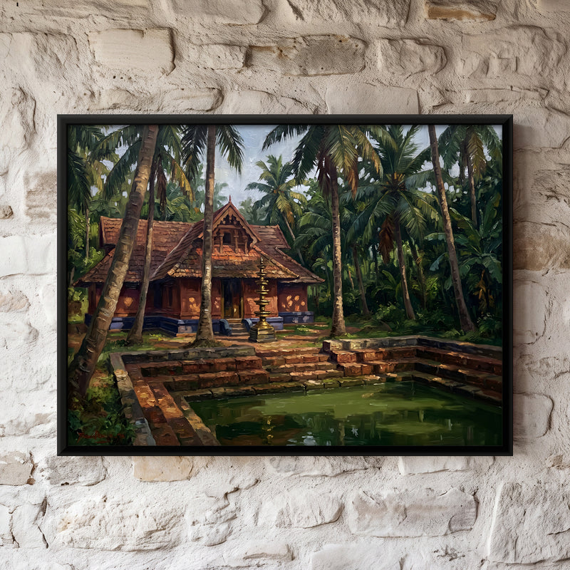 Kerala House and Temple Pond - framed canvas art hung on a wall