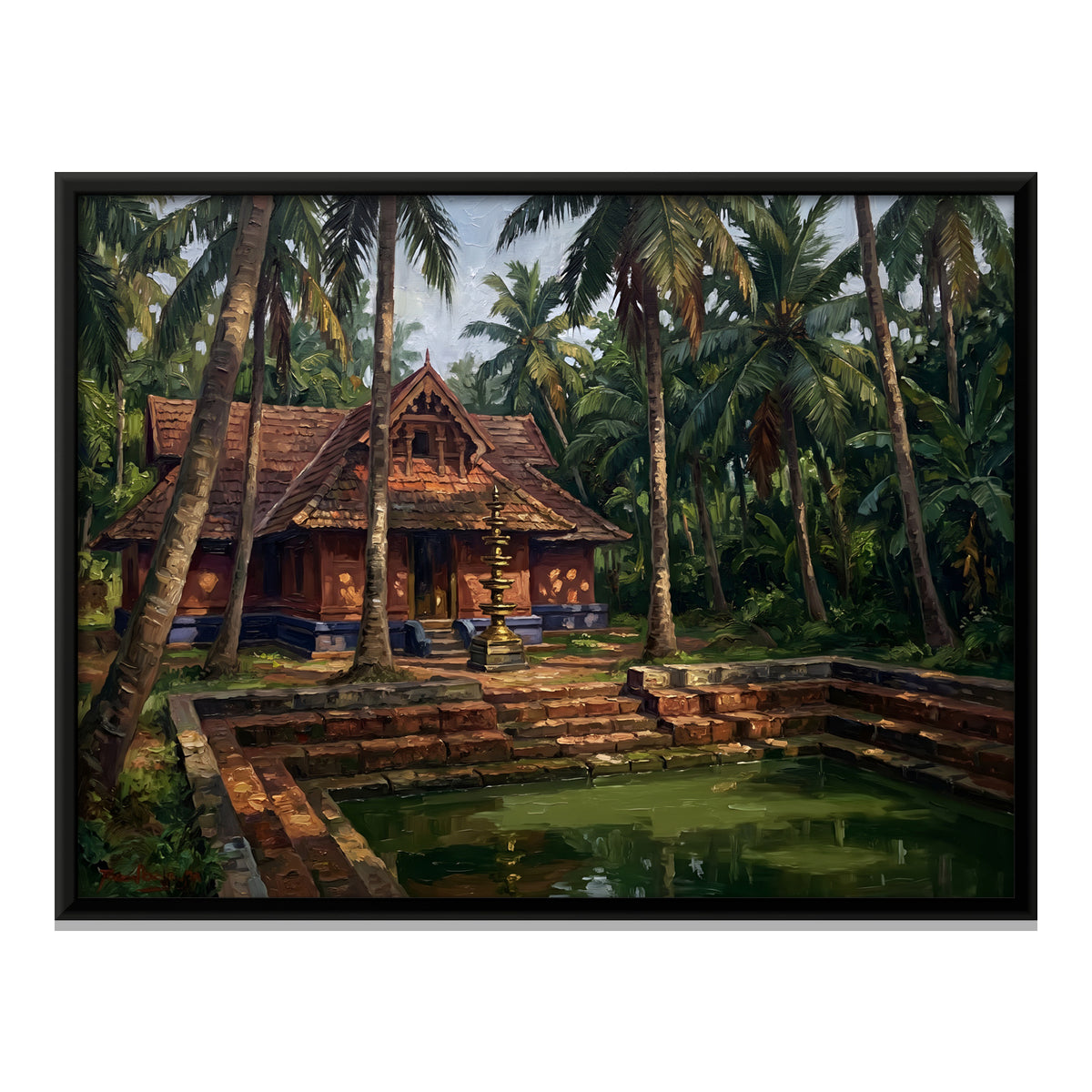 Kerala House and Temple Pond - framed canvas print, front view
