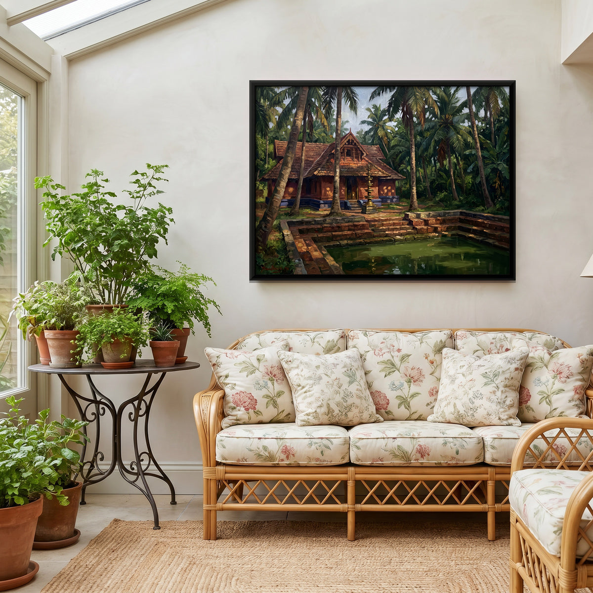 Kerala House and Temple Pond - canvas art shown in a styled room