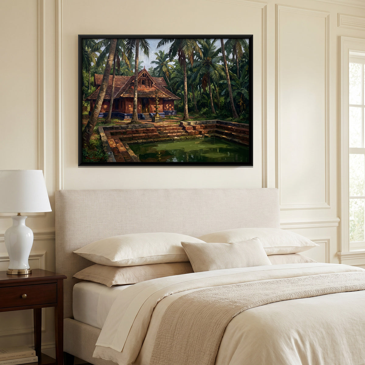 Kerala House and Temple Pond - canvas art shown in a second room setting
