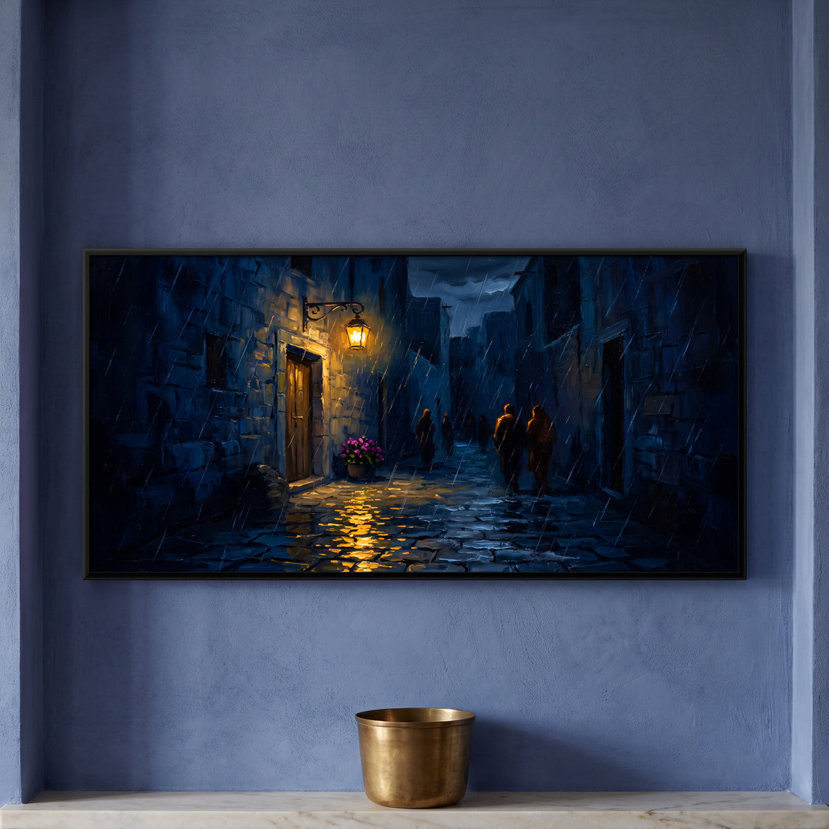 Lantern in a Rainy Alley - framed canvas art hung on a wall