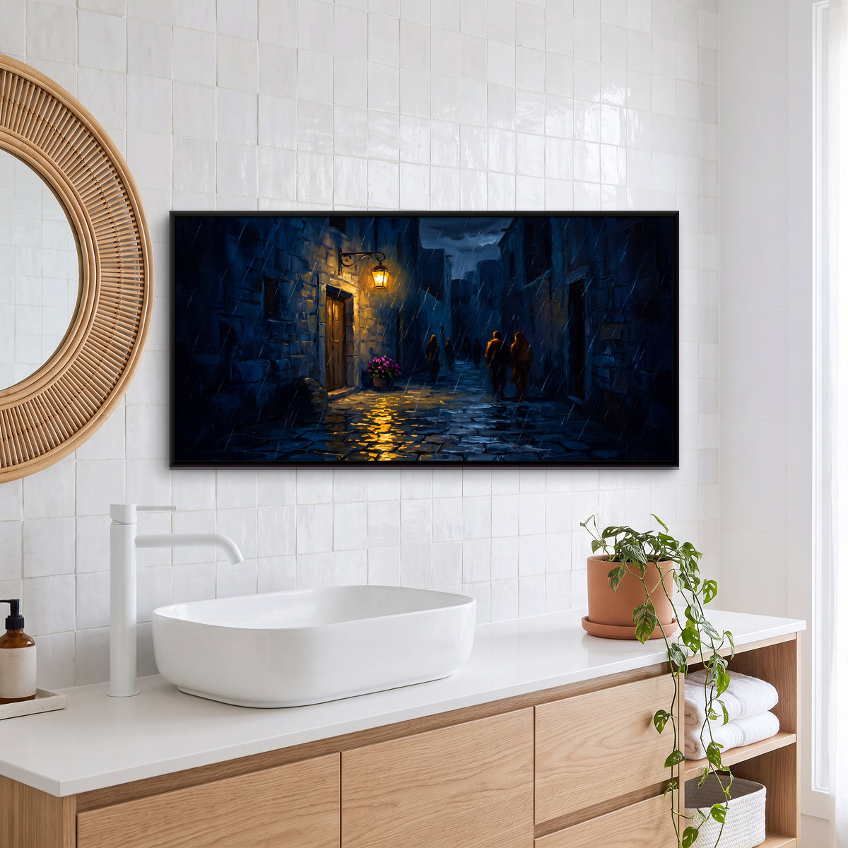 Lantern in a Rainy Alley - canvas art shown in a second room setting