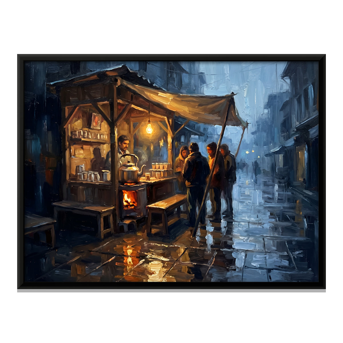 Chai Stall at Night - framed canvas print, front view