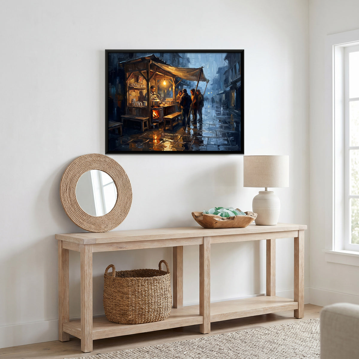 Chai Stall at Night - canvas art shown in a second room setting