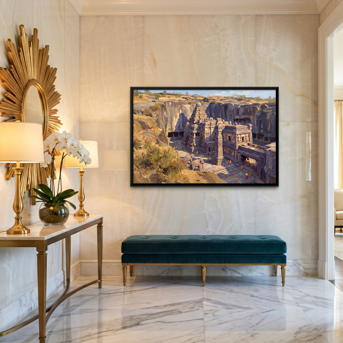 Rock-Cut Cave Temple - canvas art shown in a second room setting