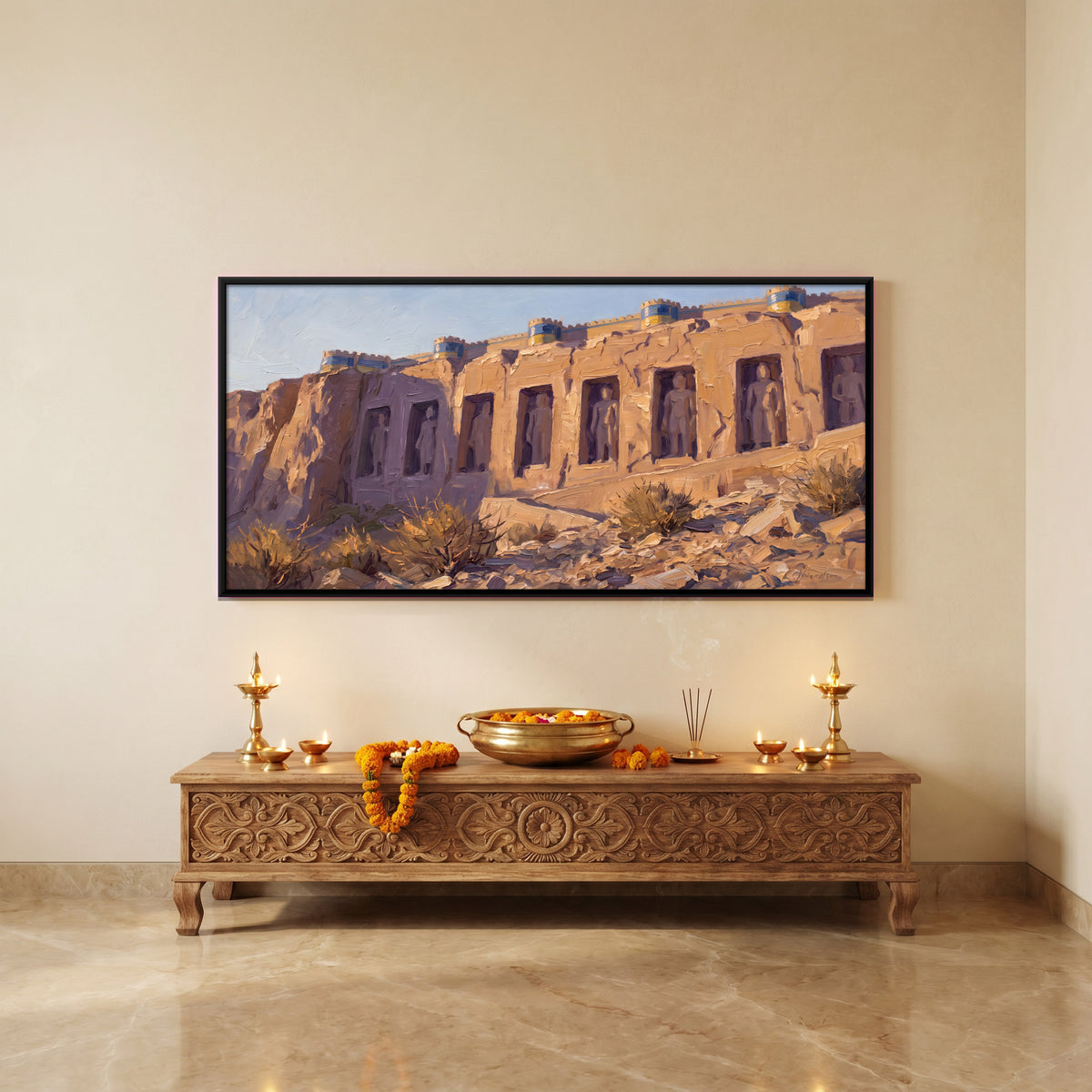 Jain Rock Carvings Below the Fort - canvas art shown in a styled room