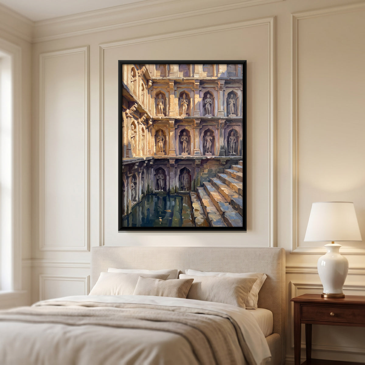 Carved Stepwell Wall - canvas art shown in a styled room