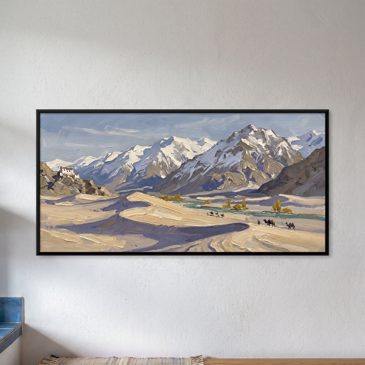 Camel Caravan in the Cold Desert - framed canvas art hung on a wall