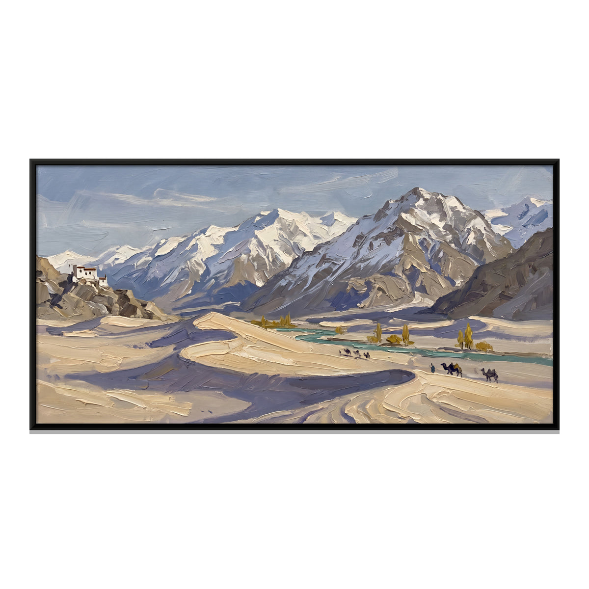Camel Caravan in the Cold Desert - framed canvas print, front view