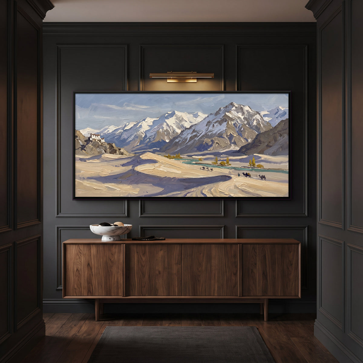 Camel Caravan in the Cold Desert - canvas art shown in a styled room