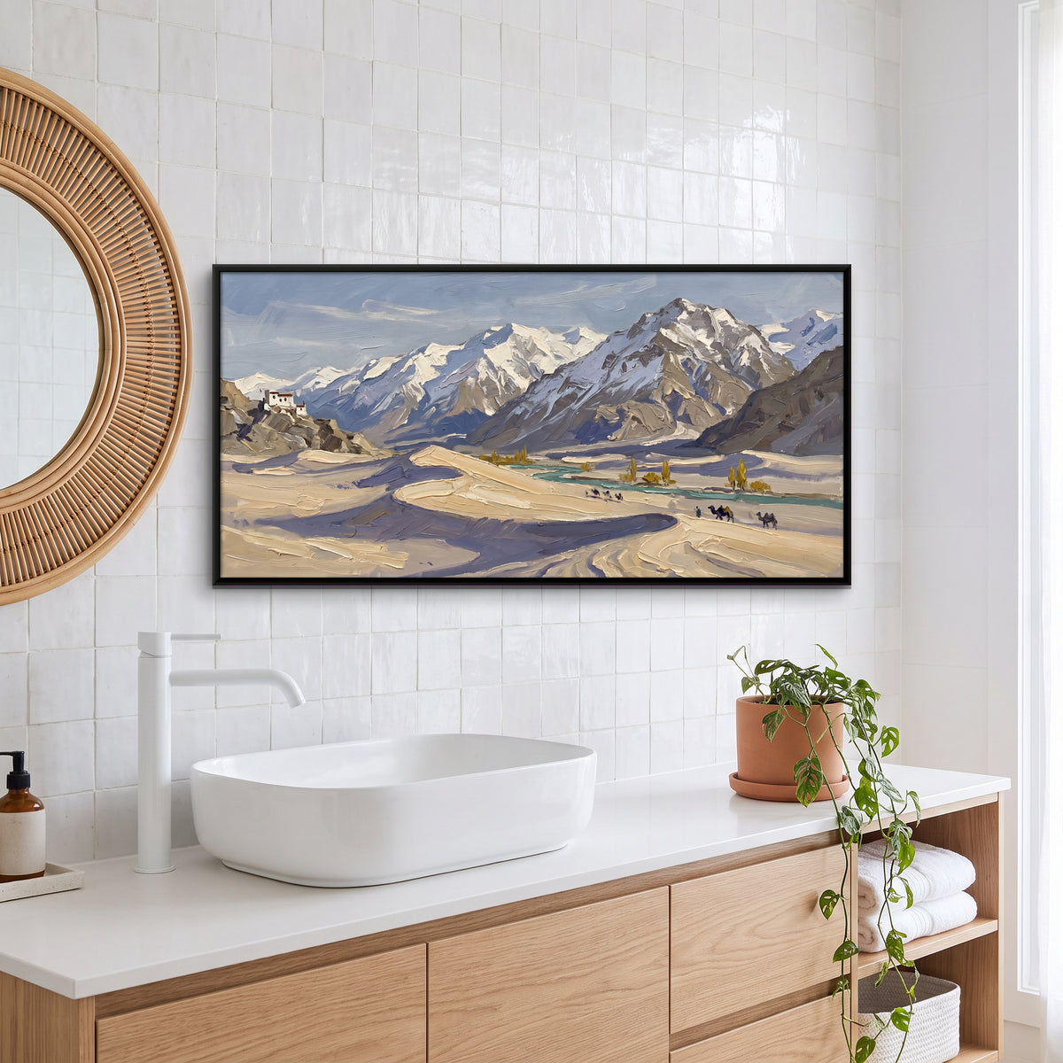 Camel Caravan in the Cold Desert - canvas art shown in a second room setting