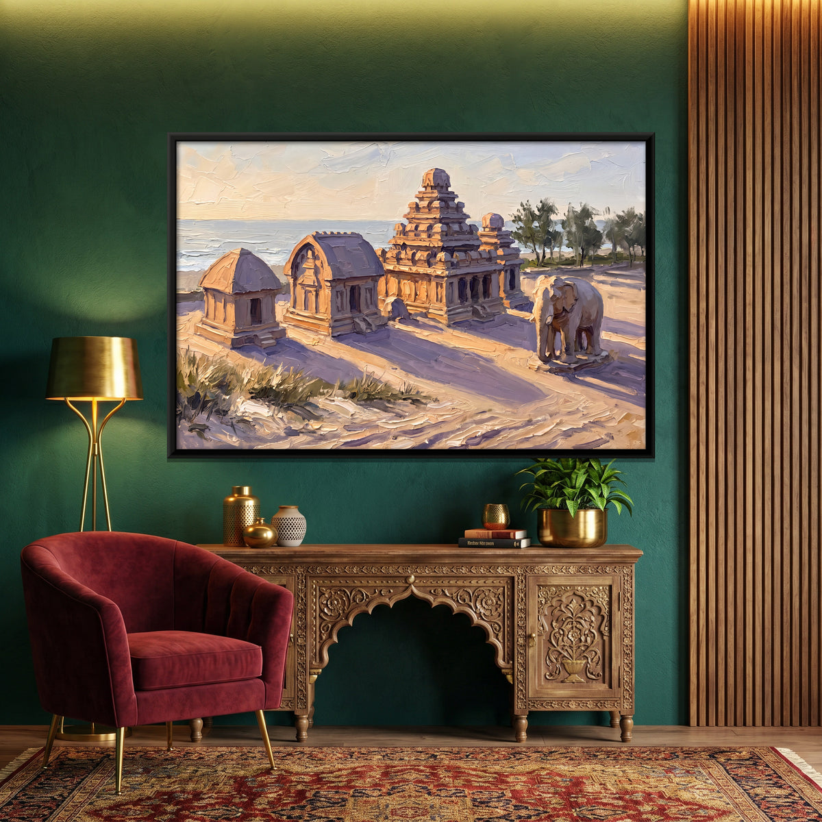 Shore Temples and Stone Elephant - canvas art shown in a styled room