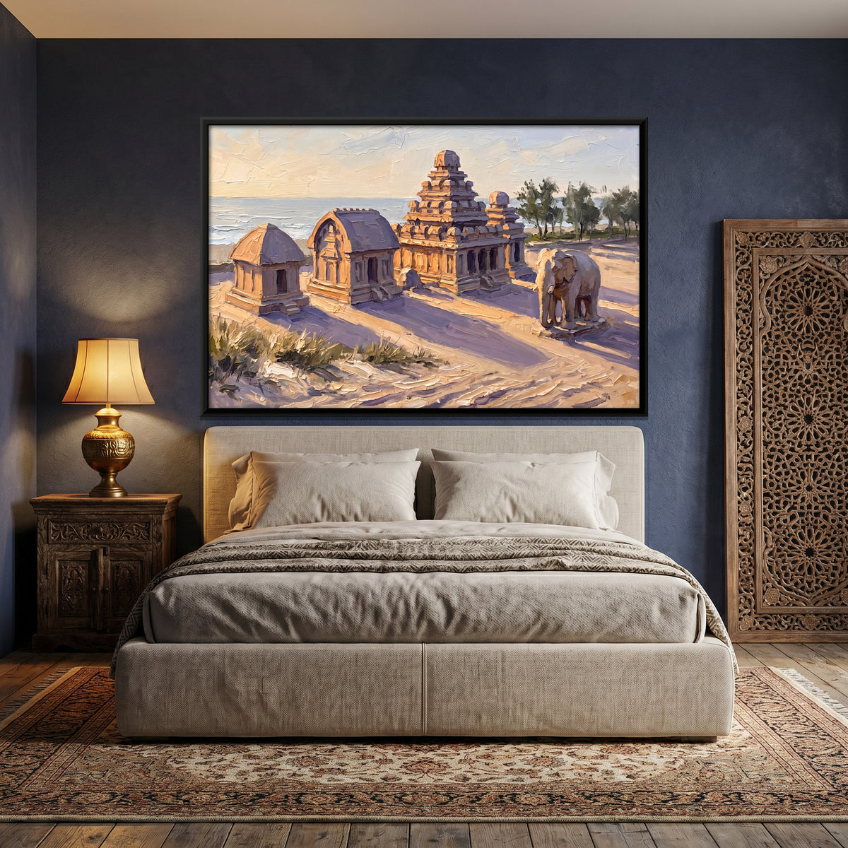 Shore Temples and Stone Elephant - canvas art shown in a second room setting