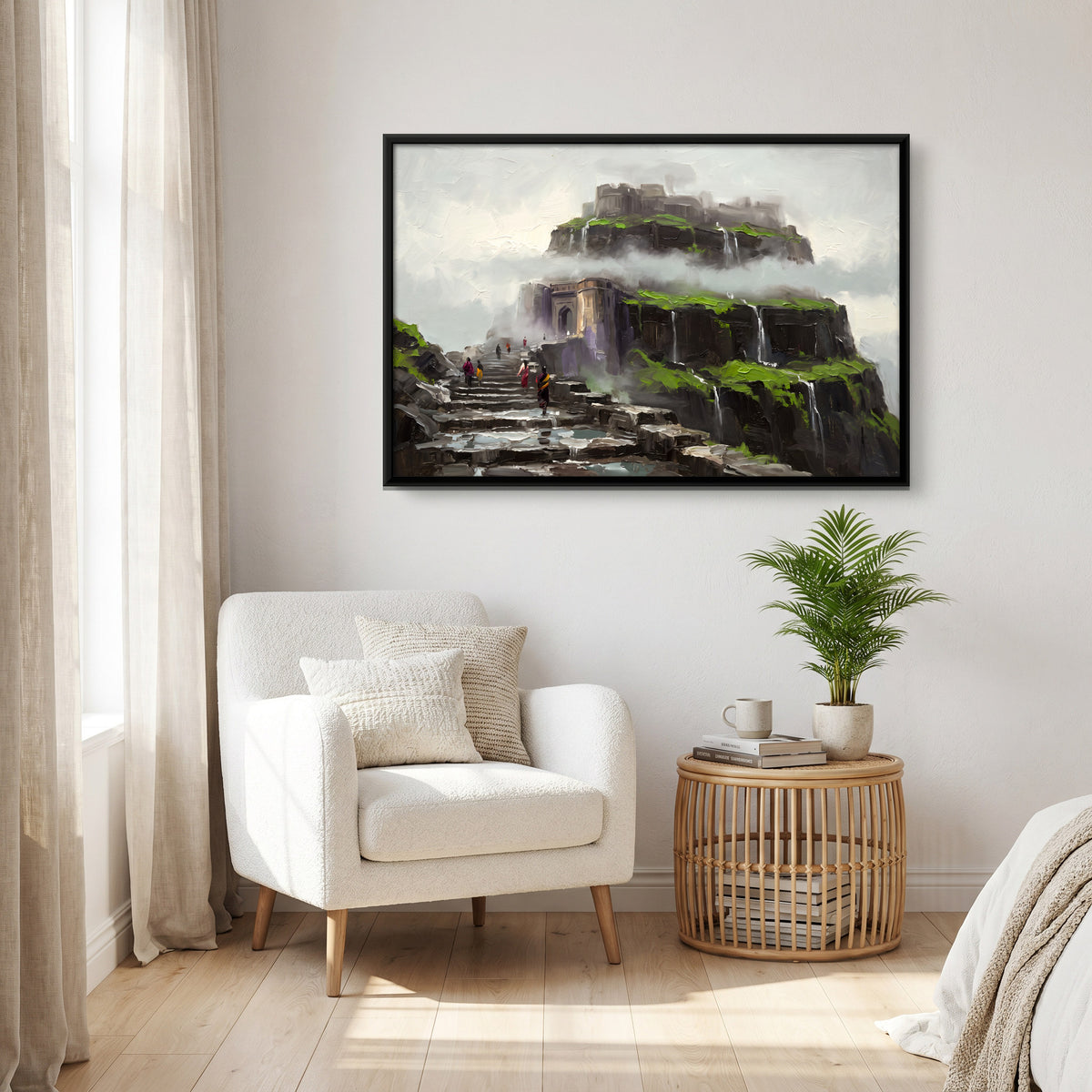 Hill Fort in Monsoon Mist - canvas art shown in a styled room