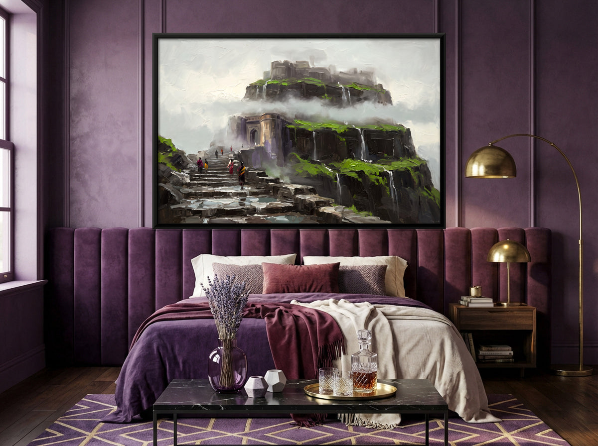 Hill Fort in Monsoon Mist - canvas art shown in a second room setting