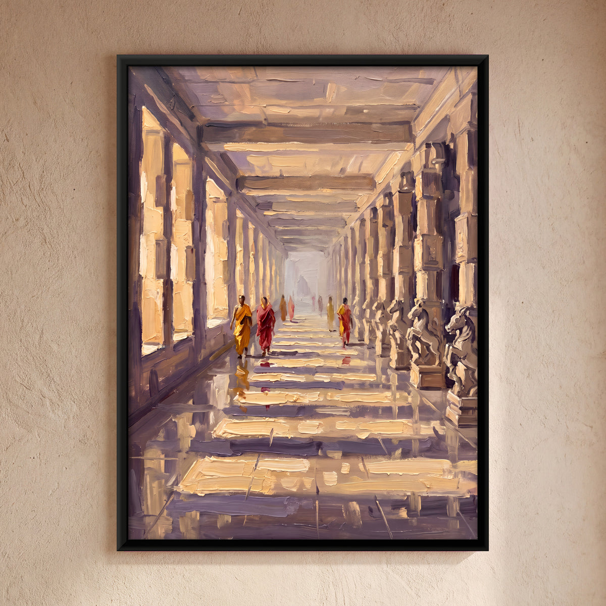 Pillared Temple Corridor - framed canvas art hung on a wall