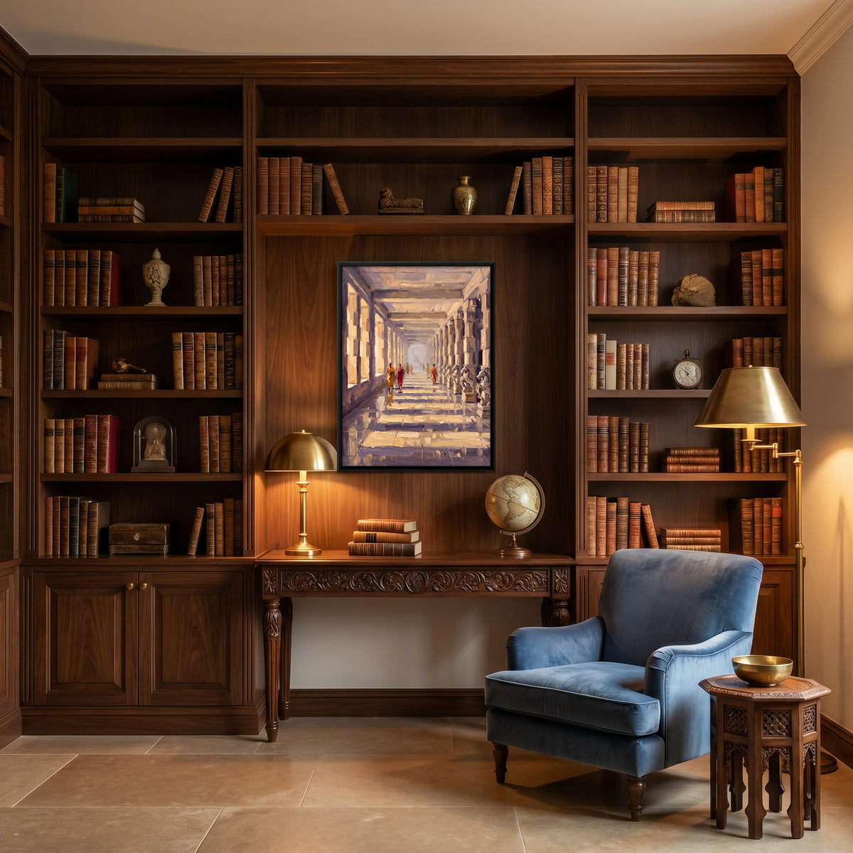 Pillared Temple Corridor - canvas art shown in a second room setting