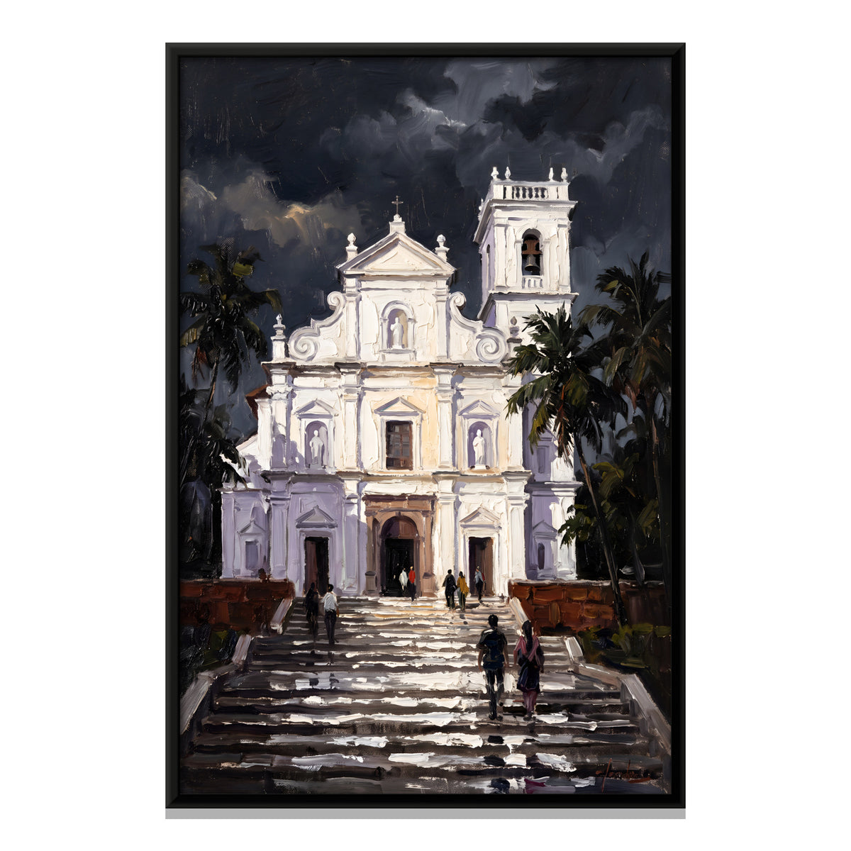 White Church Above the Steps - framed canvas print, front view