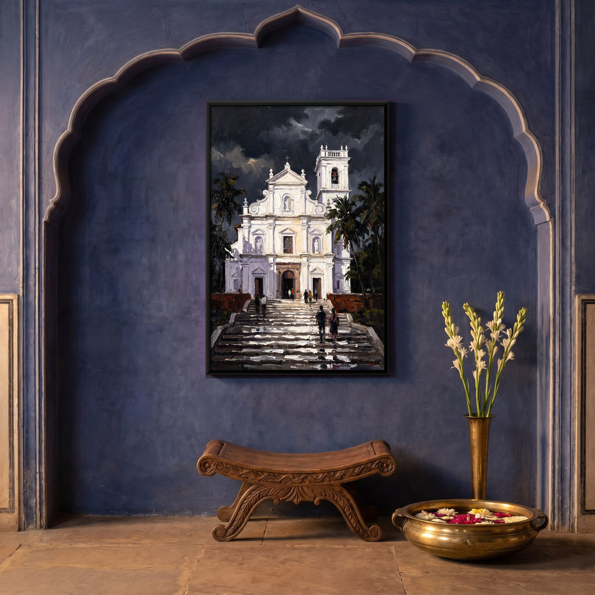 White Church Above the Steps - canvas art shown in a styled room