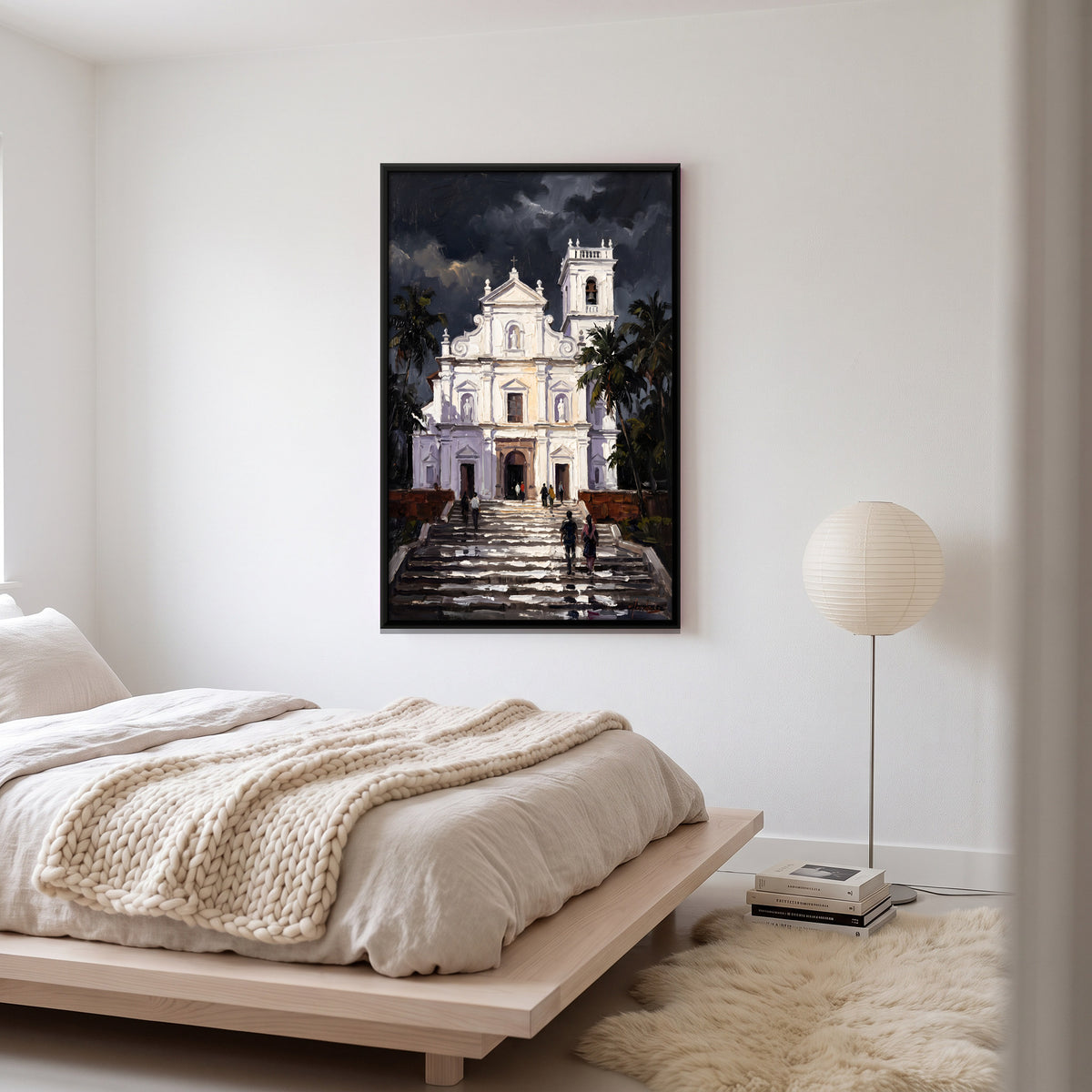 White Church Above the Steps - canvas art shown in a second room setting