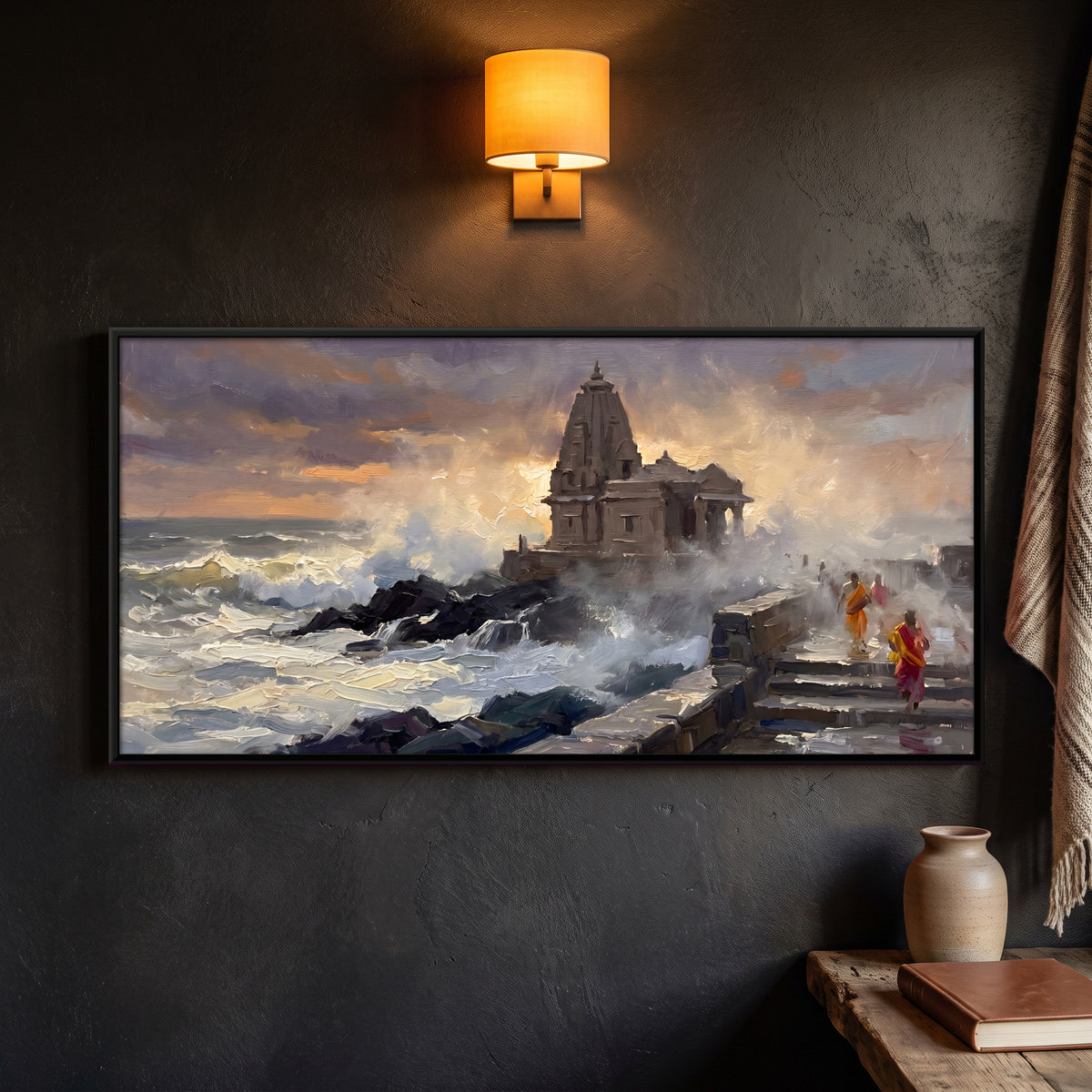 Sea Temple in the Surf - framed canvas art hung on a wall