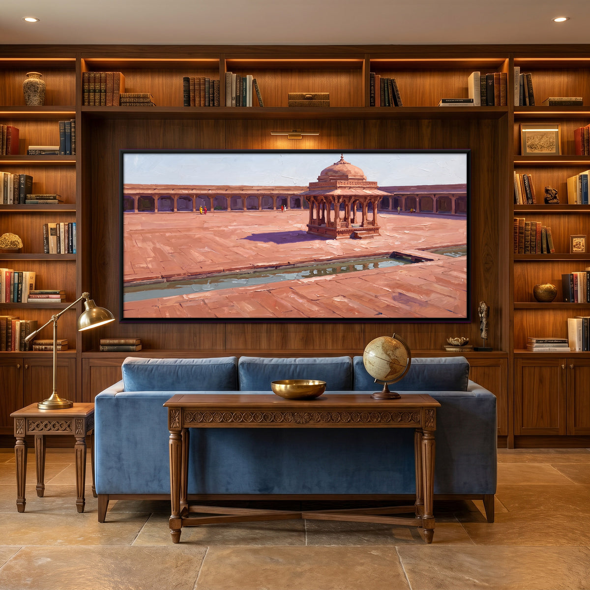 Pavilion in a Red Sandstone Courtyard - canvas art shown in a styled room