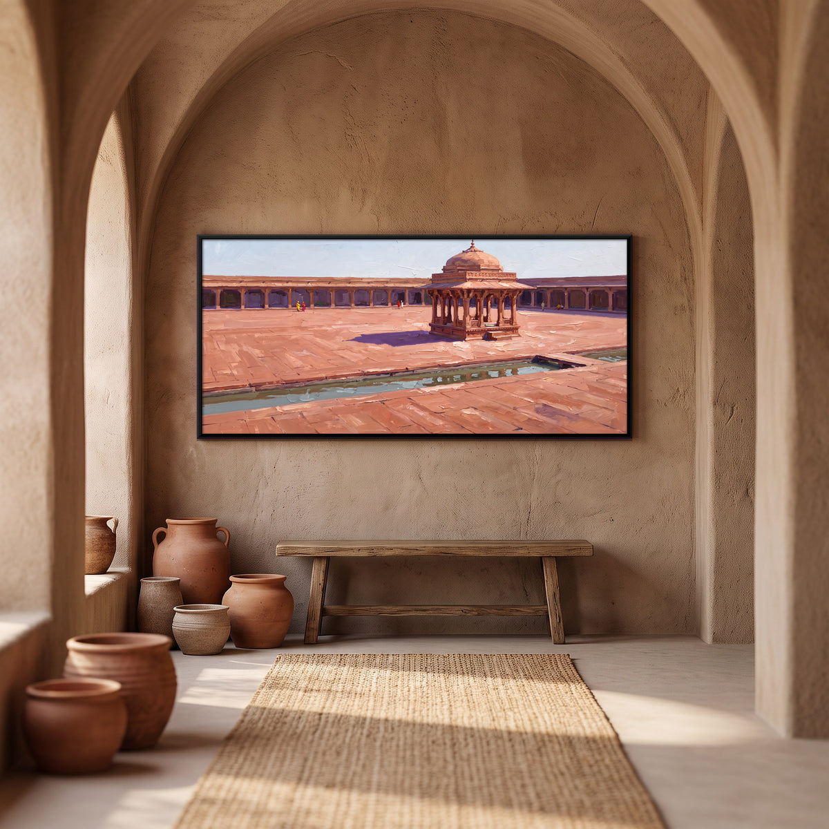 Pavilion in a Red Sandstone Courtyard - canvas art shown in a second room setting