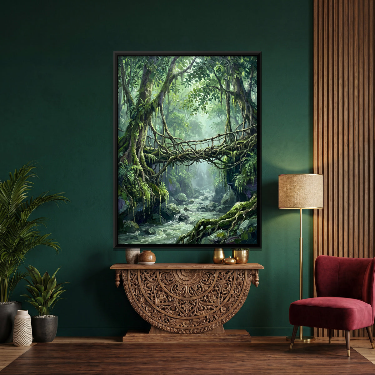 Living Root Bridge - canvas art shown in a styled room