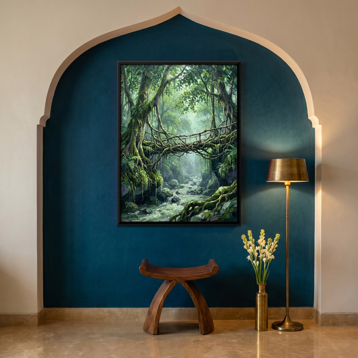 Living Root Bridge - canvas art shown in a second room setting