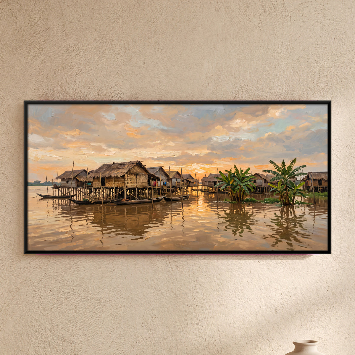 Stilt Village at Sunset - framed canvas art hung on a wall