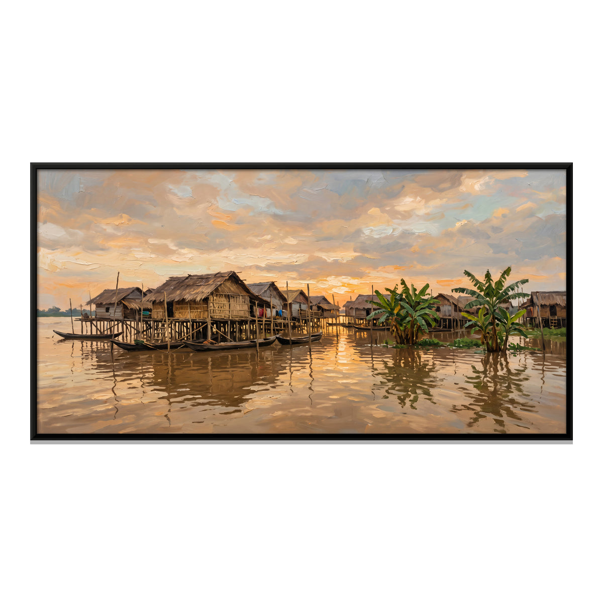 Stilt Village at Sunset - framed canvas print, front view