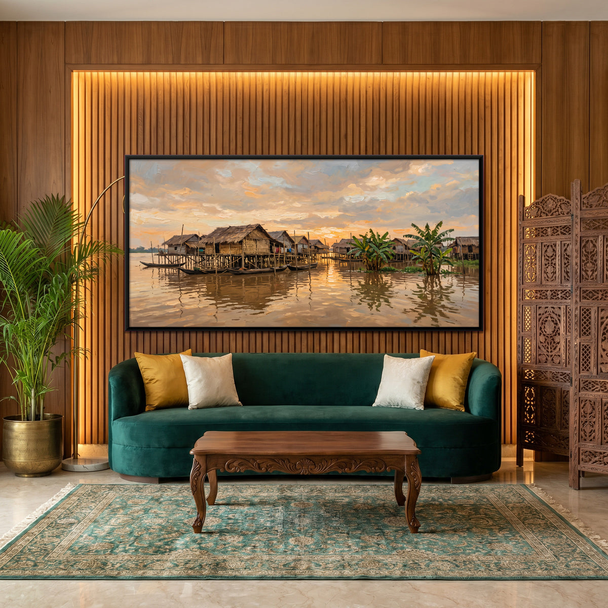 Stilt Village at Sunset - canvas art shown in a styled room