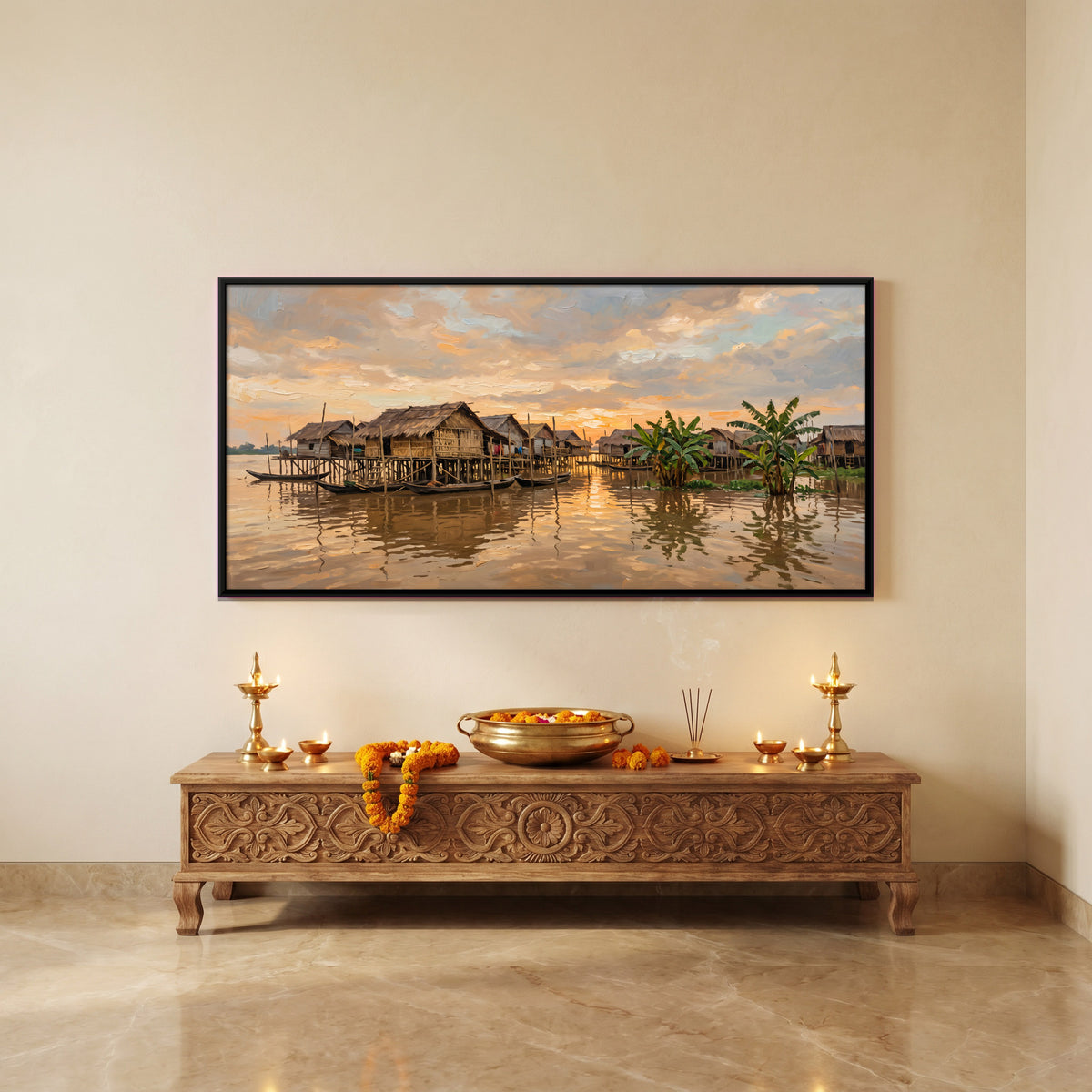 Stilt Village at Sunset - canvas art shown in a second room setting