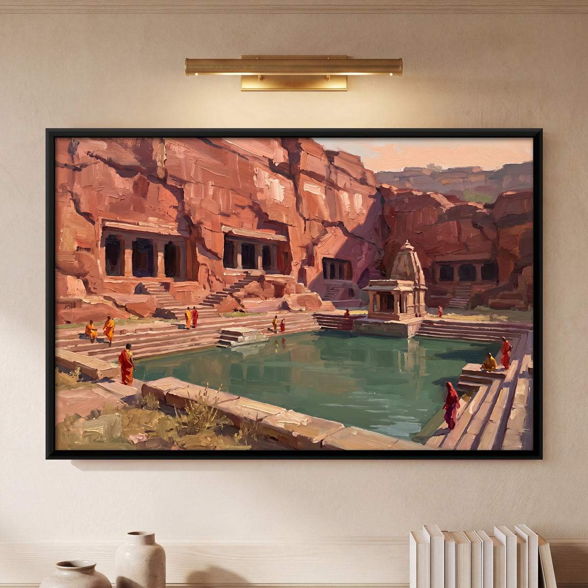 Rock-Cut Shrines and Temple Tank - framed canvas art hung on a wall