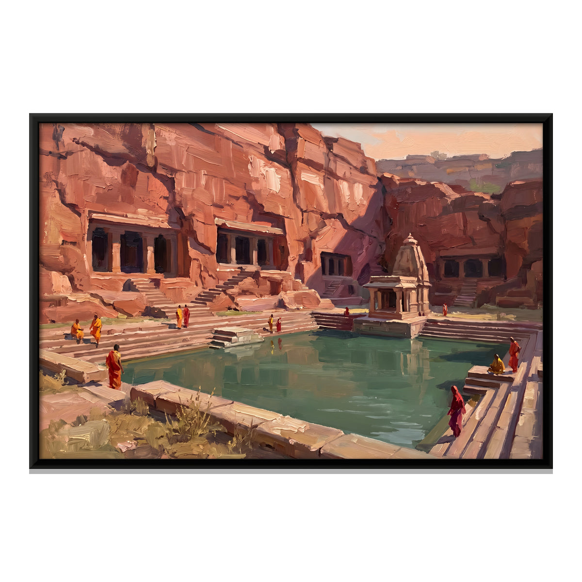 Rock-Cut Shrines and Temple Tank - framed canvas print, front view