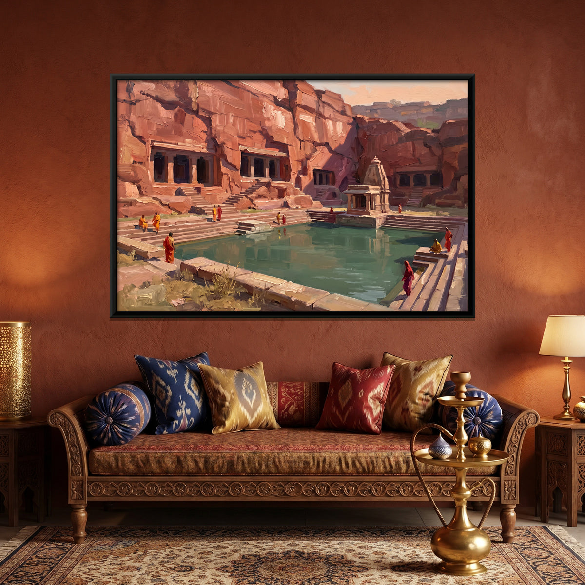 Rock-Cut Shrines and Temple Tank - canvas art shown in a styled room
