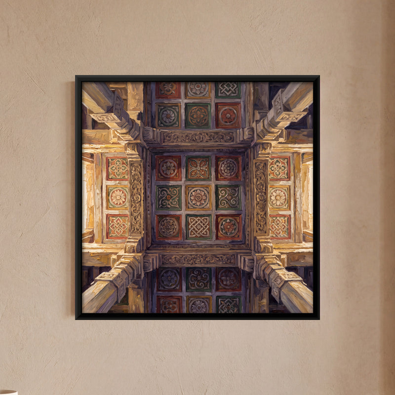 Carved Temple Ceiling - framed canvas art hung on a wall