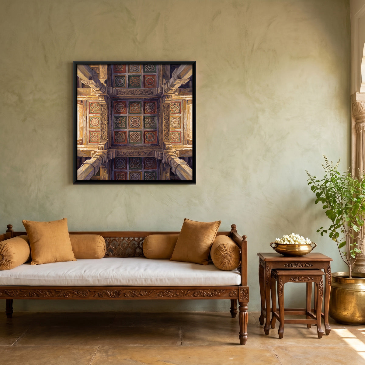 Carved Temple Ceiling - canvas art shown in a second room setting